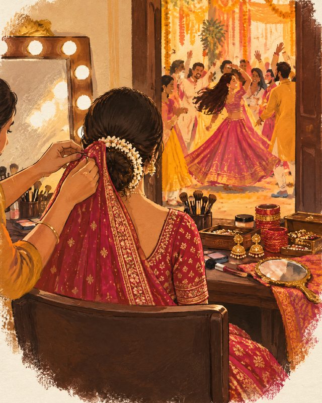 Aanya in the make-up chair while the party carries on next door