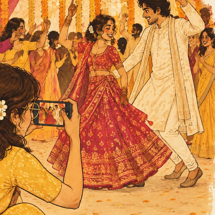 The couple dancing, seen over a guest's phone