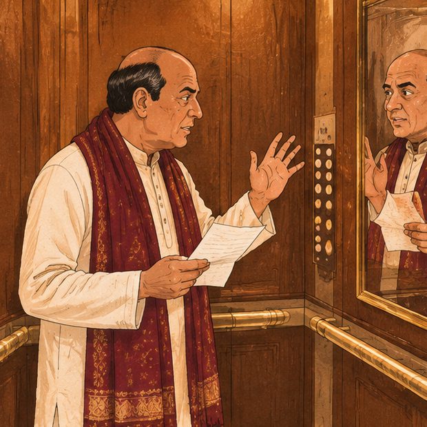 Papa rehearsing his speech to the lift mirror