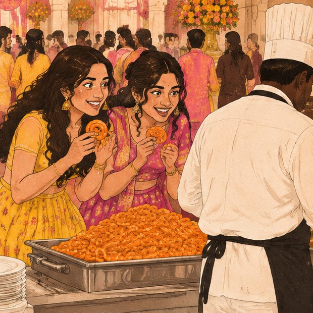 Two cousins sneaking jalebis behind the caterer's back