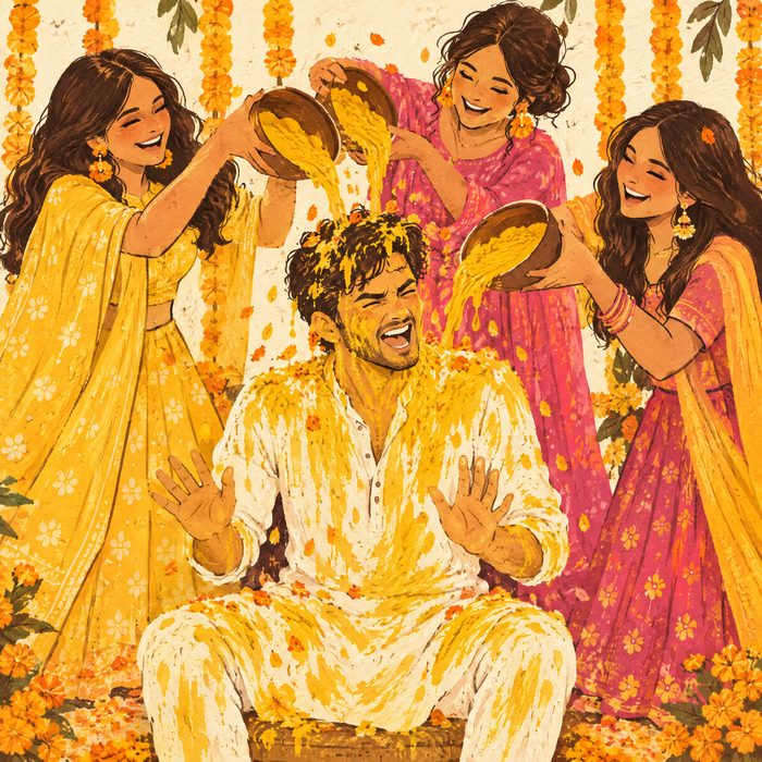 Rohan drenched in haldi by the bride's friends