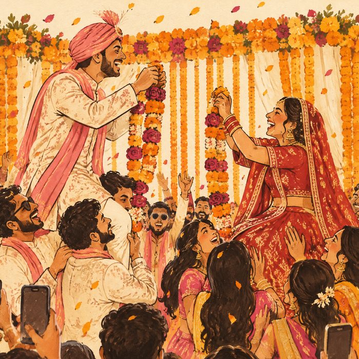 The varmala: Rohan lifted by his friends, Aanya lifted by her sisters