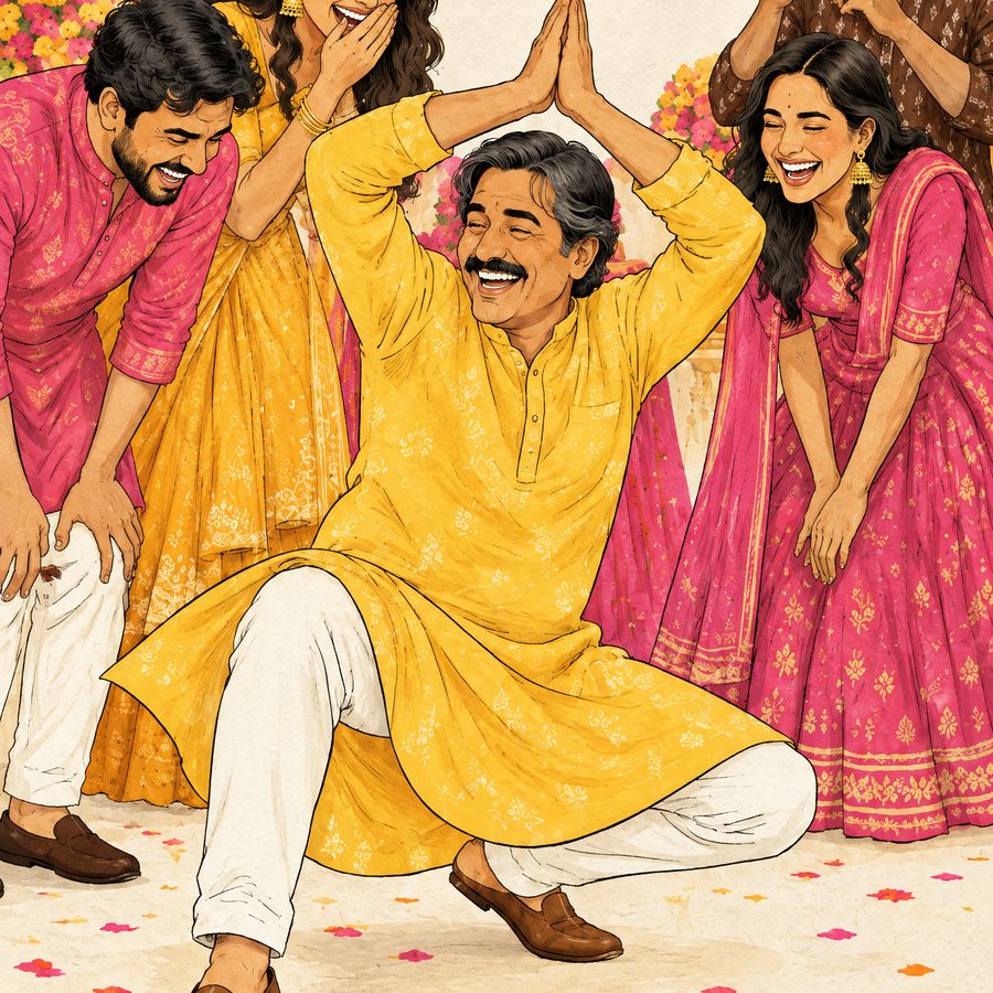 Illustration: chacha mid naagin dance as the cousins double over laughing