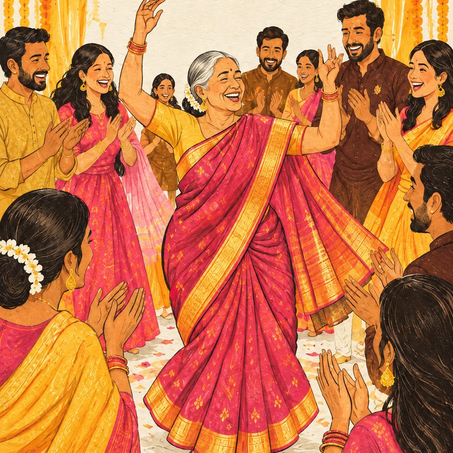 Illustration: dadi dancing in the middle of the floor while everyone claps
