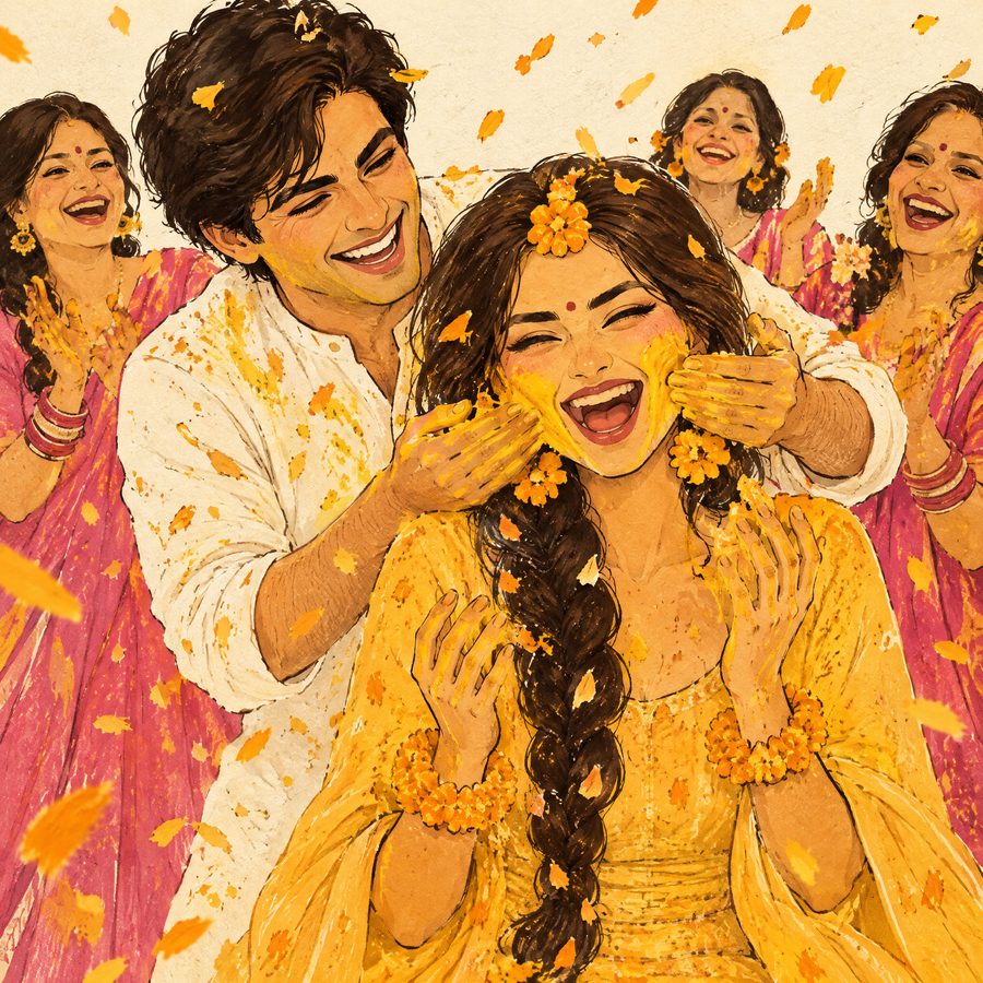 Illustration: Kabir ambushes the bride with haldi while the cousins laugh