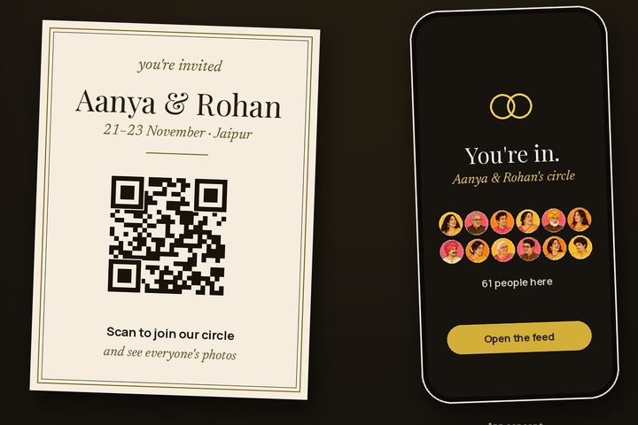 The invite card with its QR, and a phone that has just joined the circle