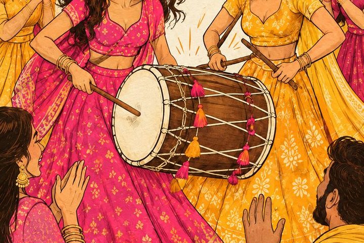 Cousins on the dhol at the sangeet