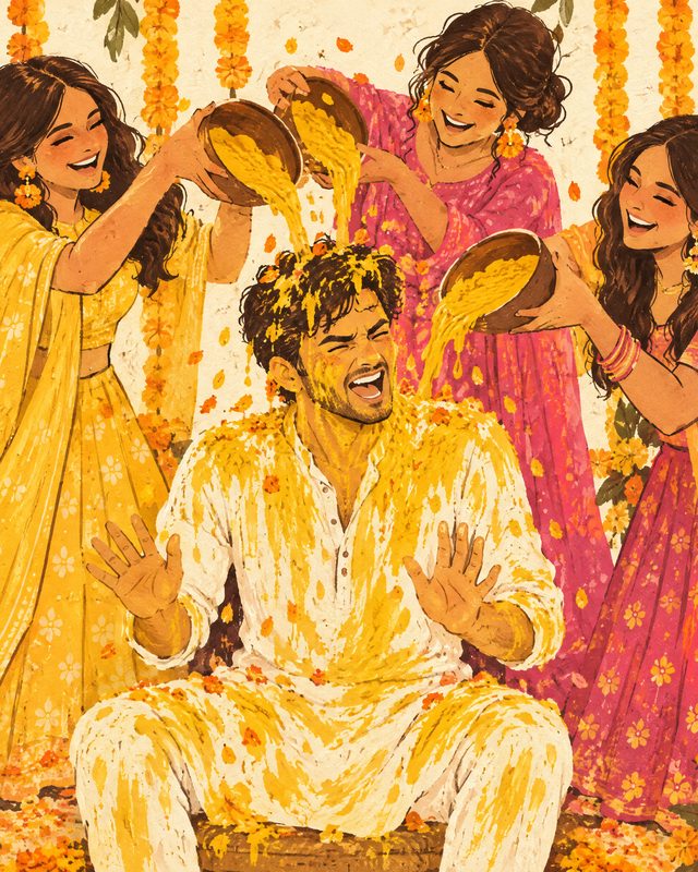 Rohan drenched in haldi by the bride's cousins