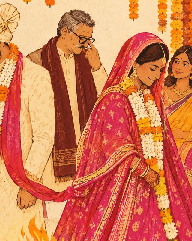 The bride's father wiping a tear at the pheras